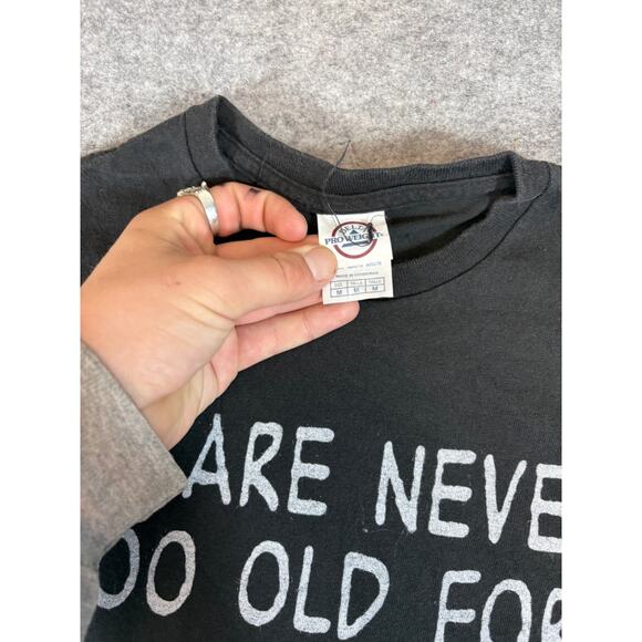 VINTAGE We Are Never Too Old For Snoopy Shirt Mens Medium Black Delta Pro Weight - Picture 6 of 7